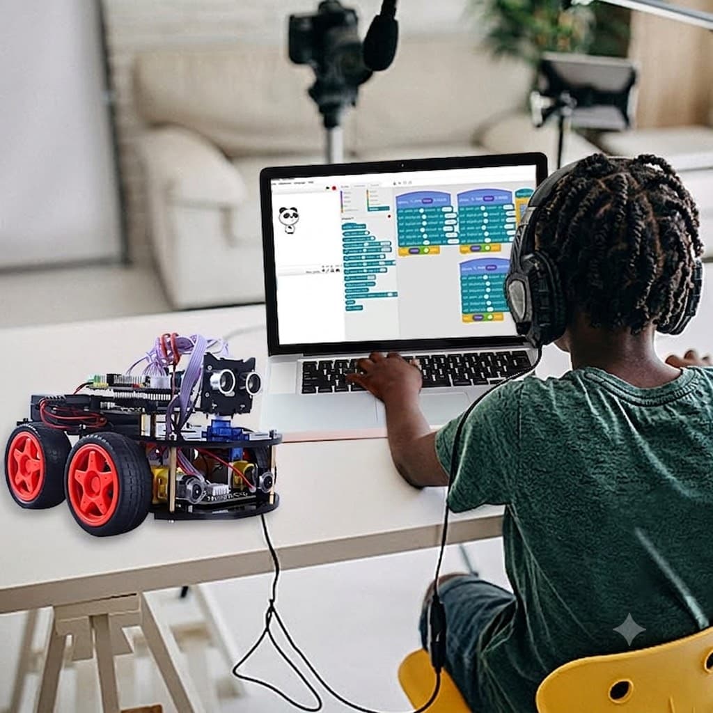 A student meticulously assembling an Arduino smart car, focusing on wiring the sensor.